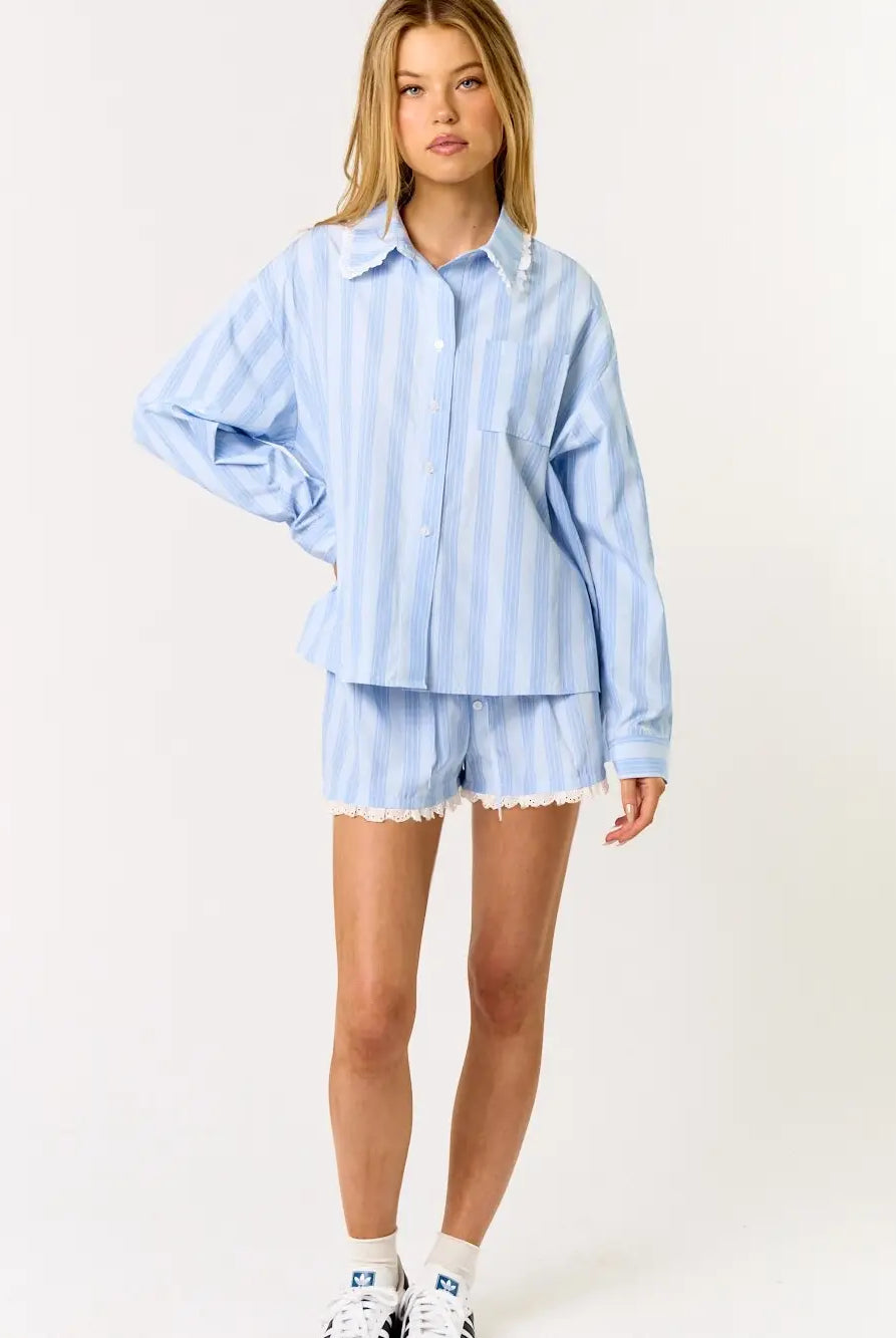 Blue Blush Striped Long Sleeve & Shorts 2 Piece Pajama Set - Flirt!