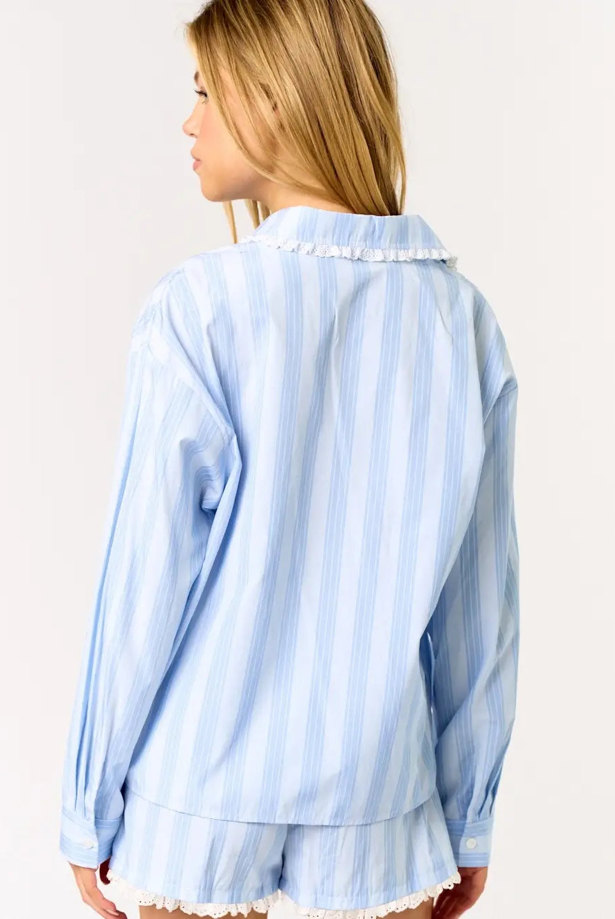Blue Blush Striped Long Sleeve & Shorts 2 Piece Pajama Set - Flirt!