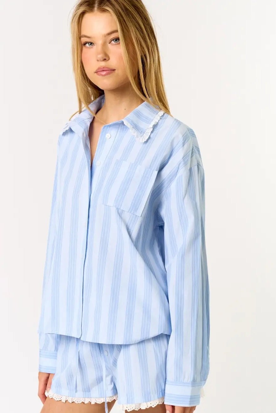Blue Blush Striped Long Sleeve & Shorts 2 Piece Pajama Set - Flirt!
