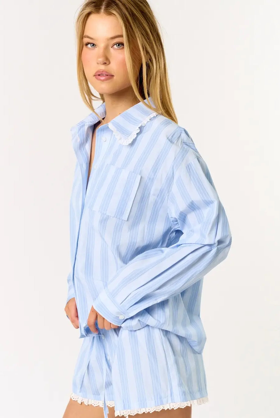 Blue Blush Striped Long Sleeve & Shorts 2 Piece Pajama Set - Flirt!