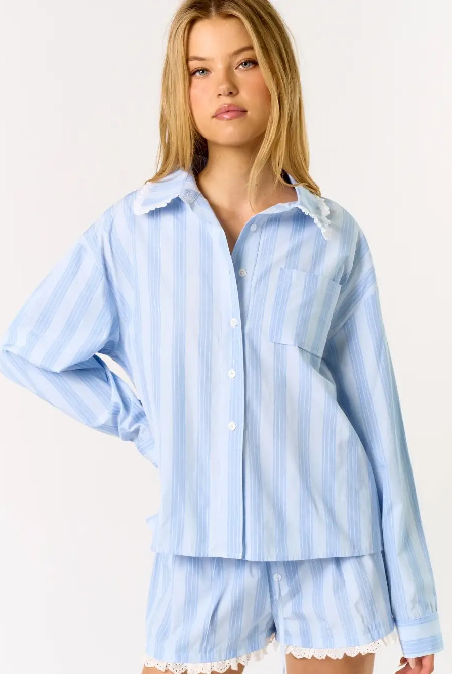 Blue Blush Striped Long Sleeve & Shorts 2 Piece Pajama Set - Flirt!