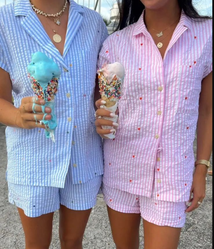 2 Piece Striped Pajama Set with Short Sleeve Shirt and Short - Flirt!