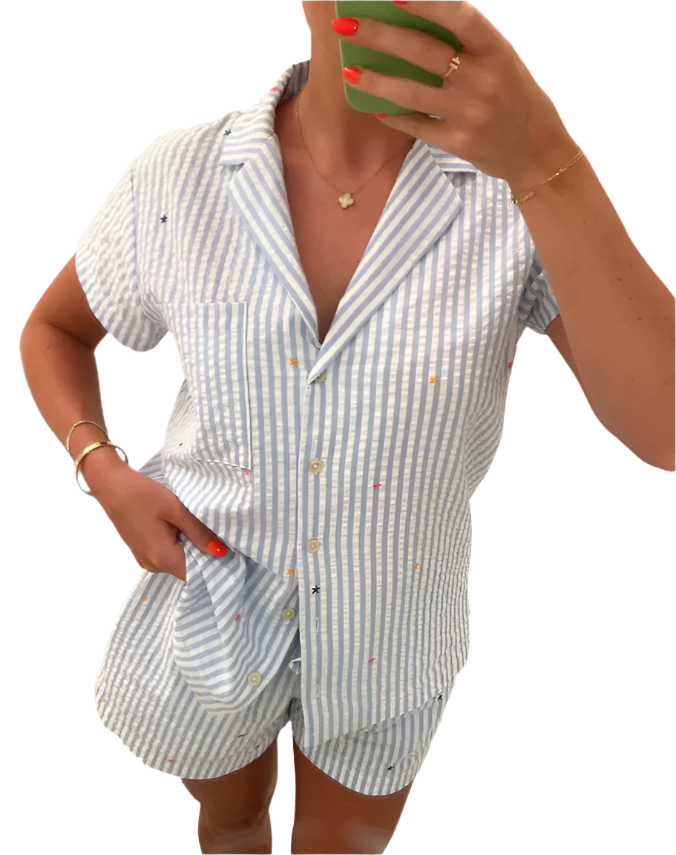 2 Piece Striped Pajama Set with Short Sleeve Shirt and Short - Flirt!