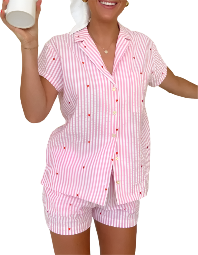 2 Piece Striped Pajama Set with Short Sleeve Shirt and Short - Flirt!