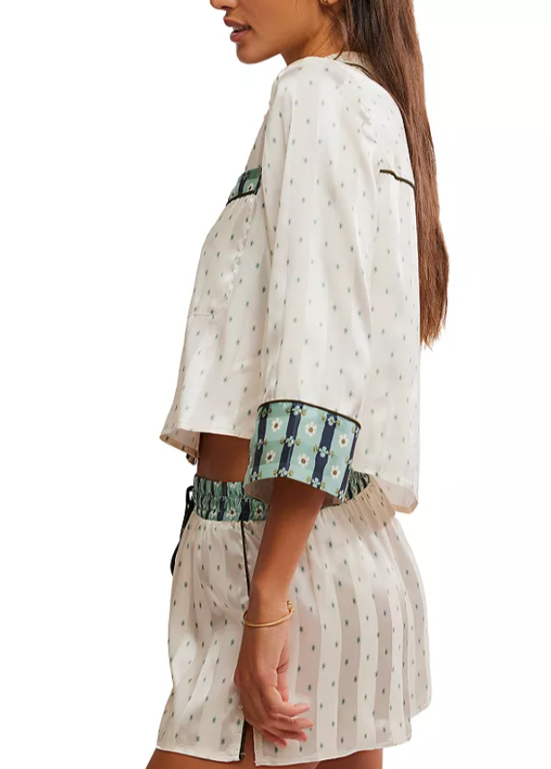 Free People Pillow Talk 3/4 Sleeve Shirt and Short 2 Piece Pajama Set - Flirt!