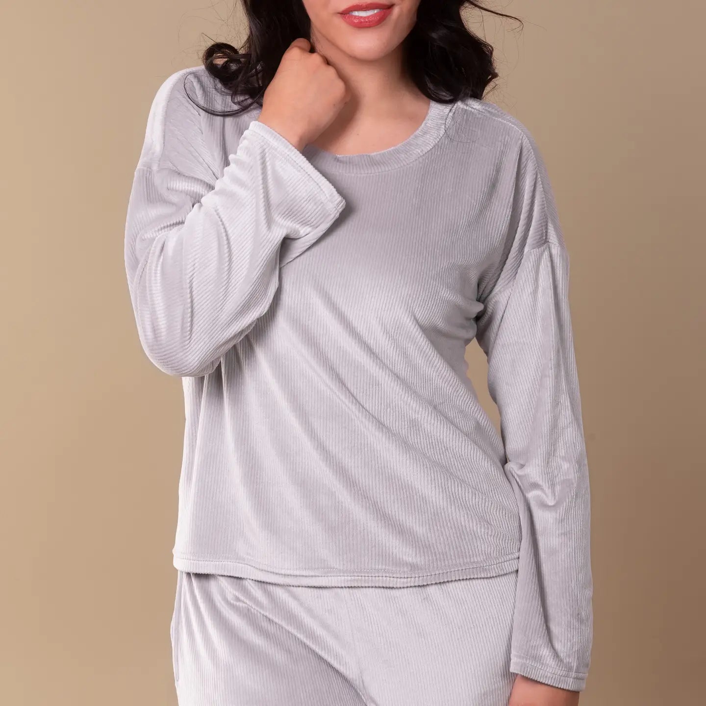 Rib Knit Velour Long Sleeve Pajama Top - Flirt! 