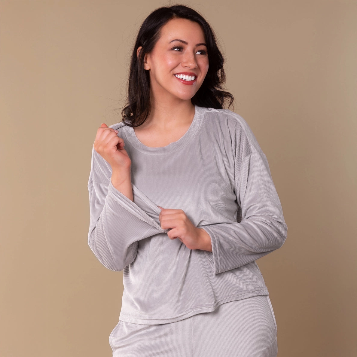 Rib Knit Velour Long Sleeve Pajama Top - Flirt! 
